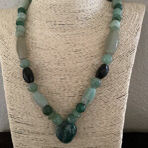 Glass beaded necklace with various shades of green stones, no clasp (28")